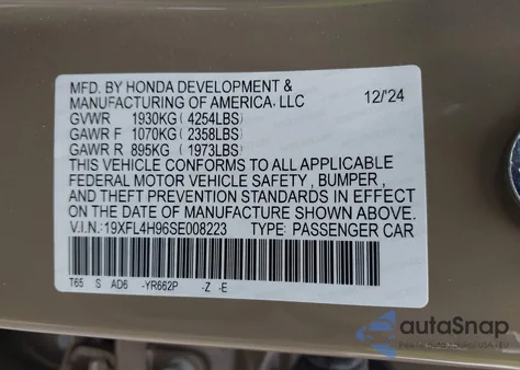 2025 Honda Civic Hybrid Sport Touring z USA, uszkodzony, nr VIN 19XFL4H96SE008223